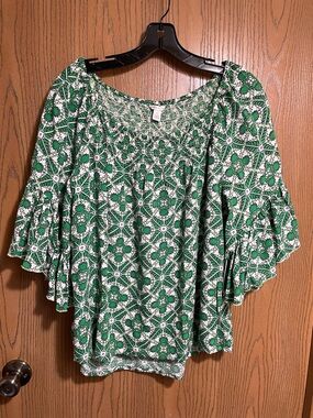 Cato Green and White Smocked Off-Shoulder Blouse